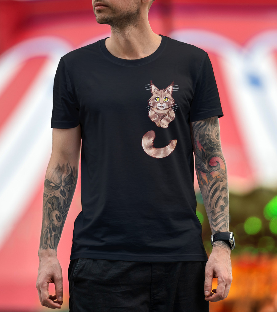 Pocket Cute Maine Coon Cat Adorable Feline Illustration with Fluffy Tail T-Shirt