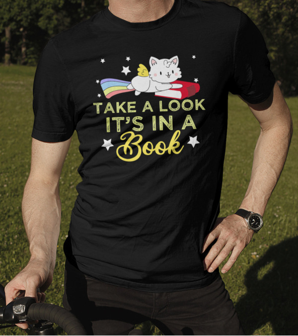 Take A Look It's In A Book Rainbow Cat With Wings And Stars T-Shirt