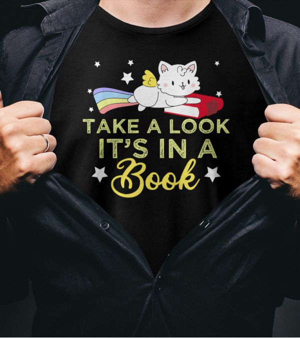 Take A Look It's In A Book Rainbow Cat With Wings And Stars T-Shirt