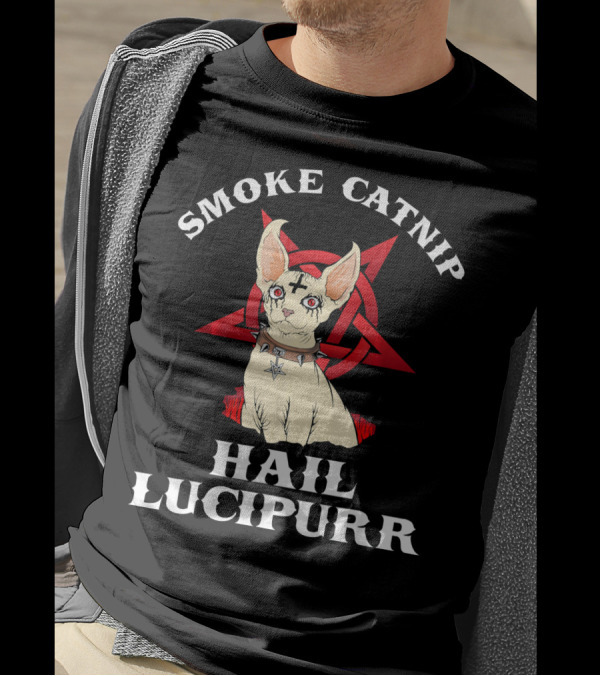Smoke Catnip Hail Lucipurr Black Metal Cat With Inverted Pentagram T-Shirt