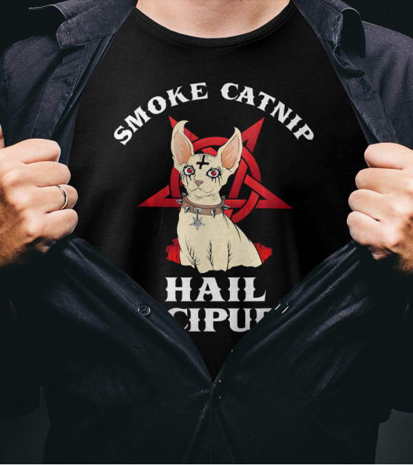 Smoke Catnip Hail Lucipurr Black Metal Cat With Inverted Pentagram T-Shirt