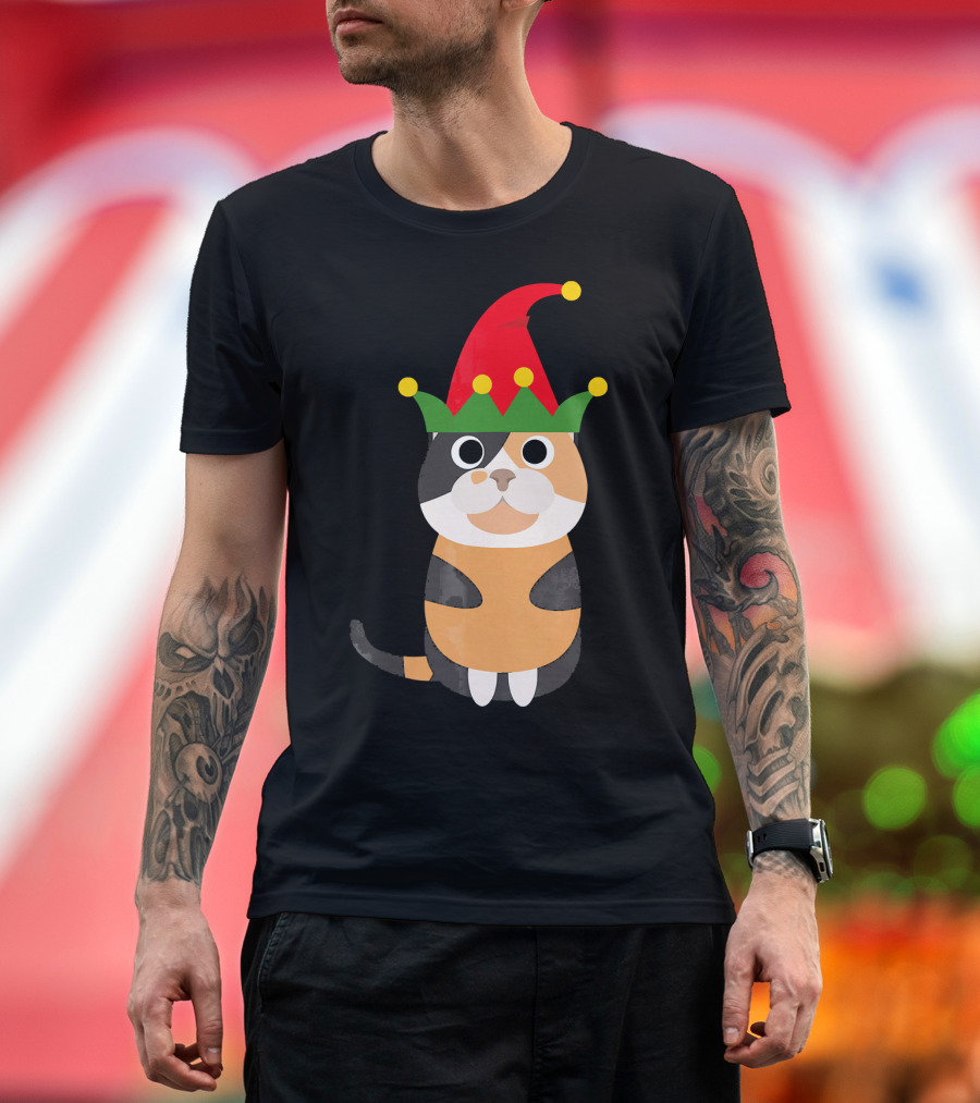 Funny UglyChristmas Calico Cat with Elf Hat T-Shirt