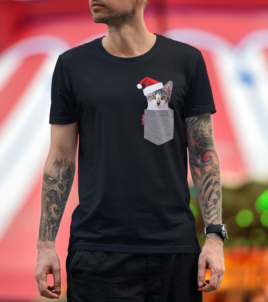 Funny Kitten in a Pocket Cute Cat With Santa Hat T-Shirt