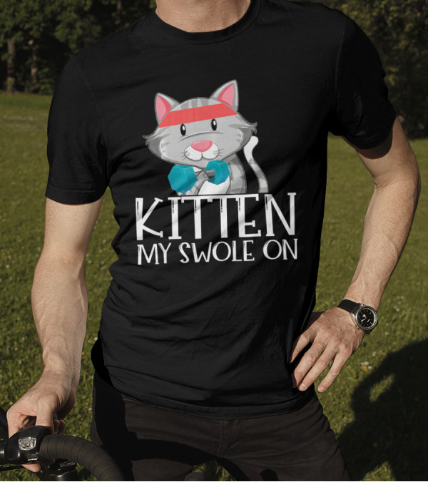 Kitten My Swole On Funny Kitty Cat Pun Red Headband Dumbbells T-Shirt