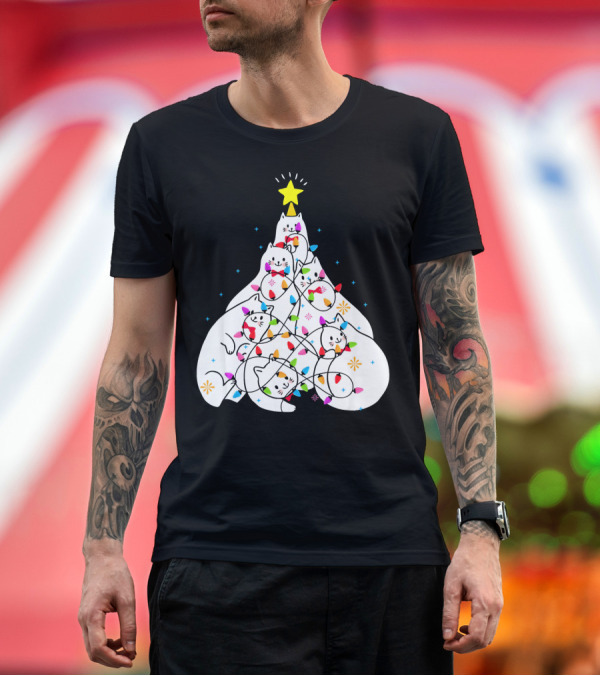 Premium T-Shirt: Cat Christmas Tree Kittens Festive Lights Star T-Shirt Cat Christmas Tree Kittens Festive Lights Star T-Shirt