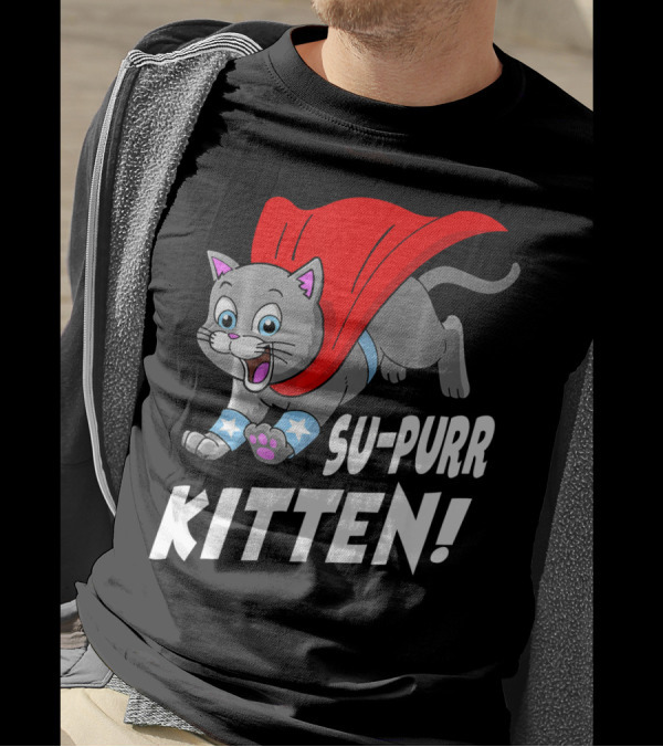 Su-Purr Kitten Funny Hero Cat With Red Cape And Stars T-Shirt