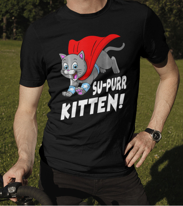 Su-Purr Kitten Funny Hero Cat With Red Cape And Stars T-Shirt