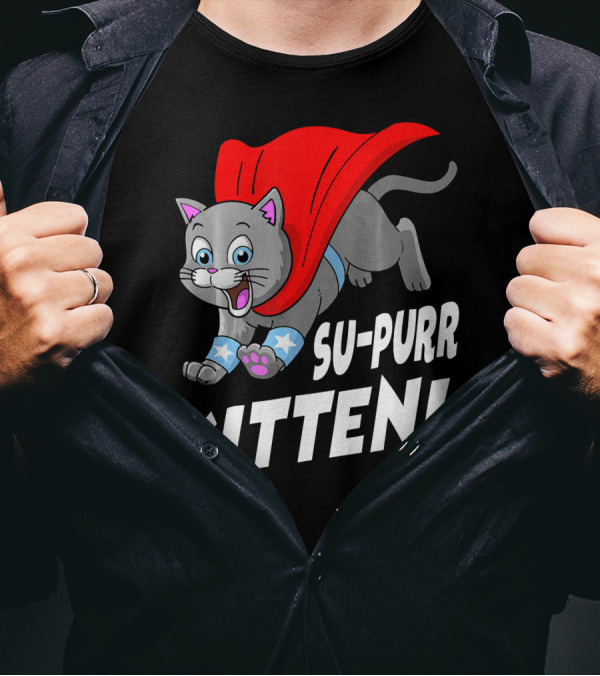 Su-Purr Kitten Funny Hero Cat With Red Cape And Stars T-Shirt