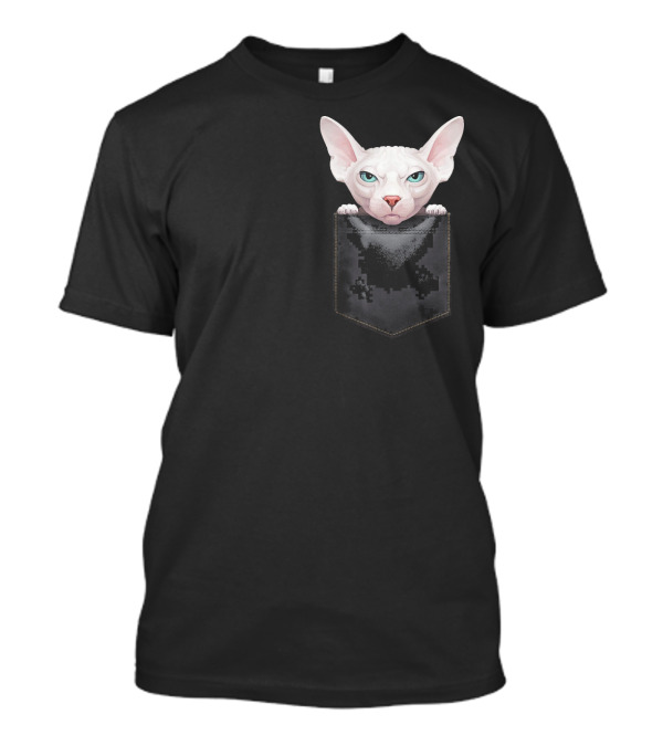 Sphynx Cat Peeking From Pixelated Pocket T-Shirt