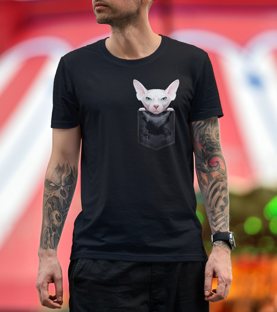Sphynx Cat Peeking from Pixelated Pocket T-Shirt