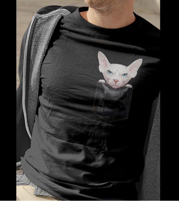 Sphynx Cat Peeking From Pixelated Pocket T-Shirt
