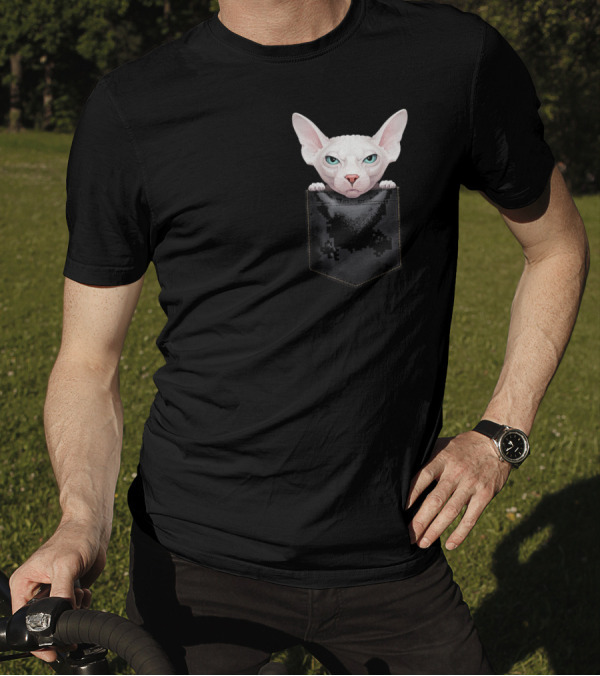 Sphynx Cat Peeking From Pixelated Pocket T-Shirt