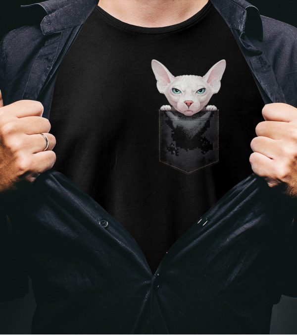Sphynx Cat Peeking From Pixelated Pocket T-Shirt