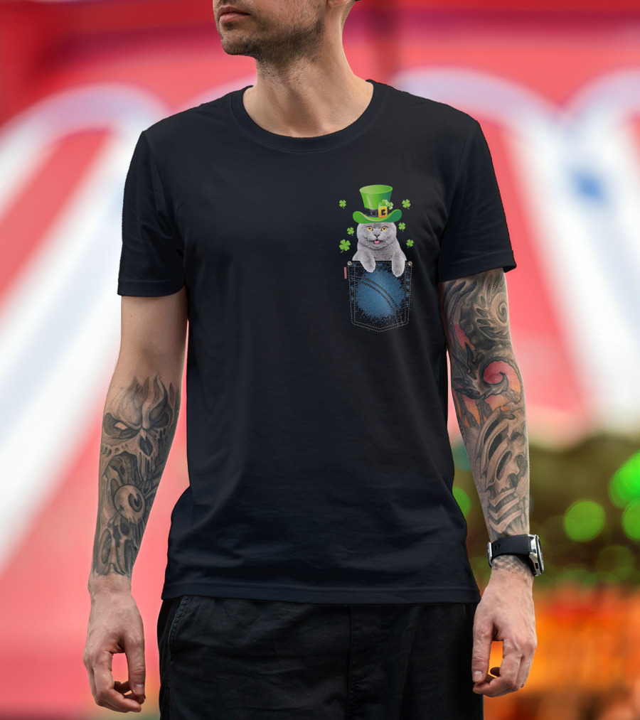 St Patricks Day Cat Wearing Leprechaun Hat in Pocket with Shamrocks T-Shirt