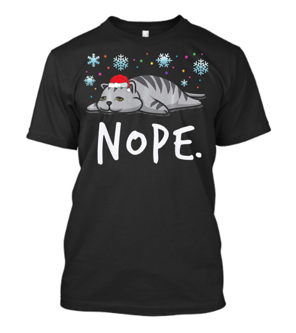 Nope Lazy Tired Cat Procrastinate Sleepy Santa Hat Snowflakes T-Shirt