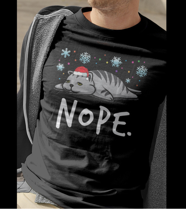 Nope Lazy Tired Cat Procrastinate Sleepy Santa Hat Snowflakes T-Shirt
