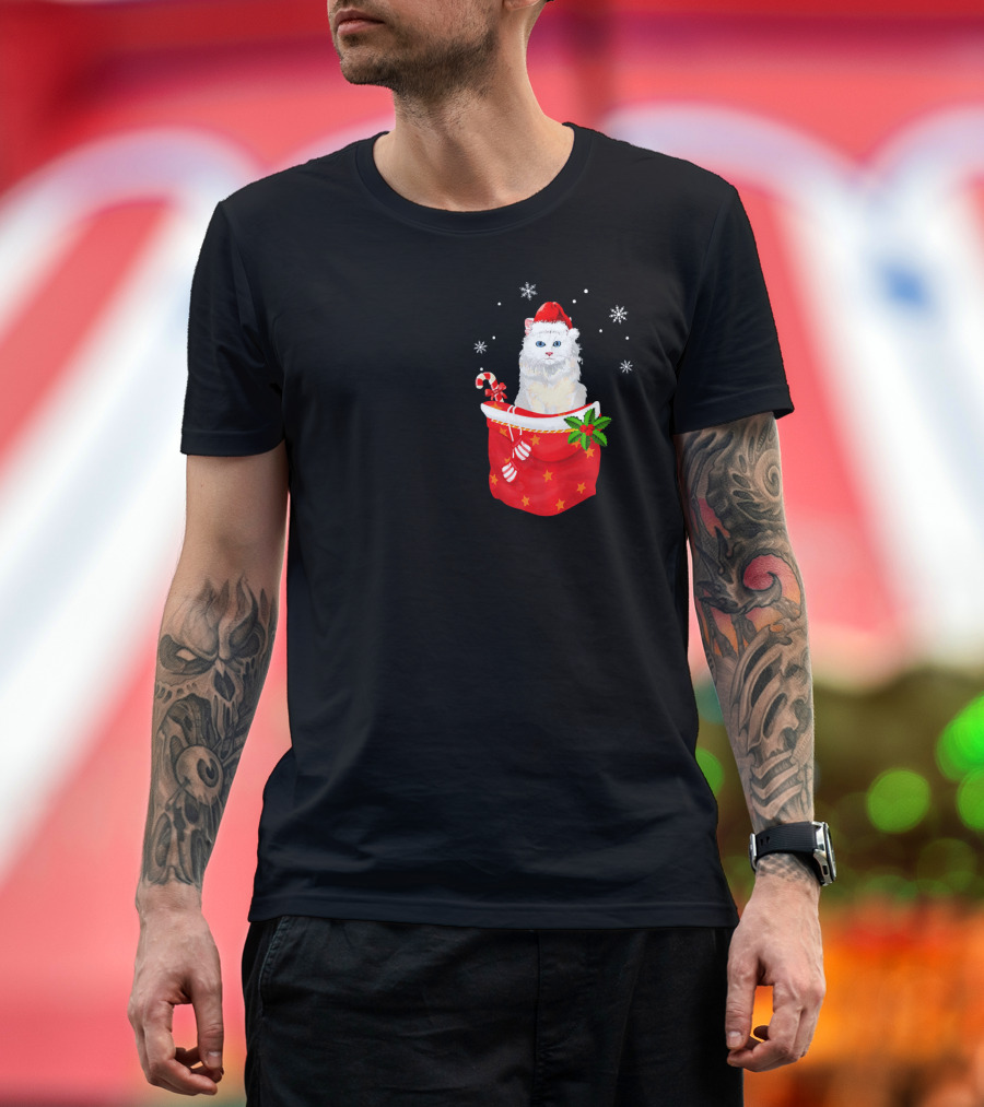 Christmas Persian Cat Wearing Santa Hat with Candy Canes and Snowflakes in Pocket T-Shirt