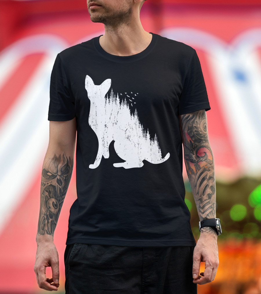 DEVON REX Cat Silhouette with Pine Forest and Birds Nature T-Shirt