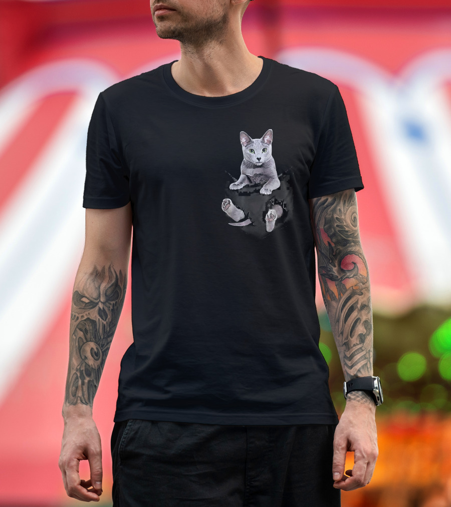 Funny Russian Blue Cat Peeking Out Of Pocket T-Shirt