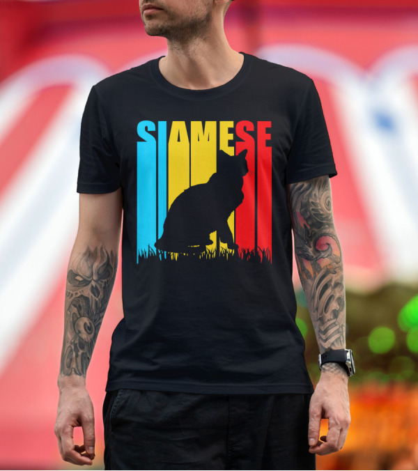 Premium T-Shirt: Siamese Cat Silhouette Retro Stripes T-Shirt Siamese Cat Silhouette Retro Stripes T-Shirt