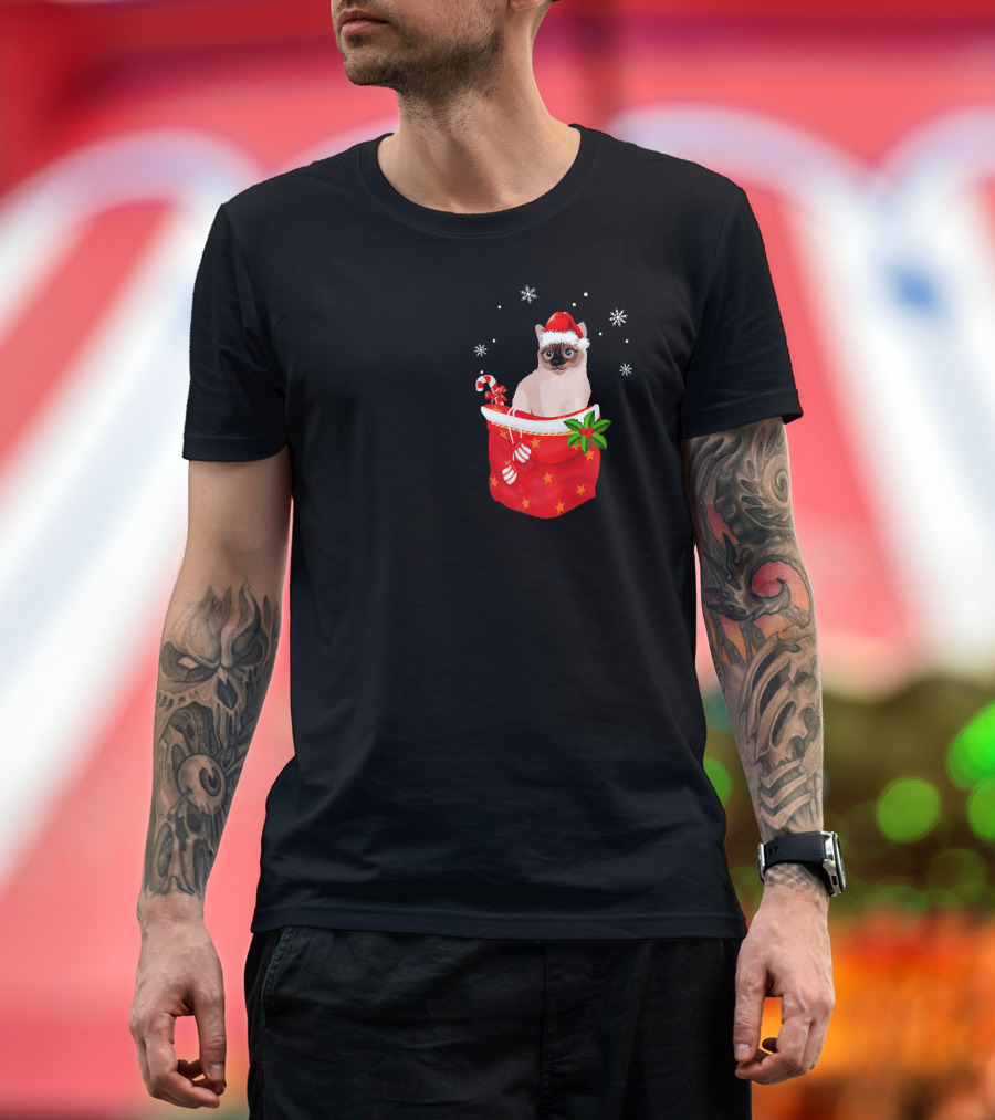 Xmas Siamese Cat with Santa Hat in Festive Red Pocket with Snowflakes and Candy Cane T-Shirt