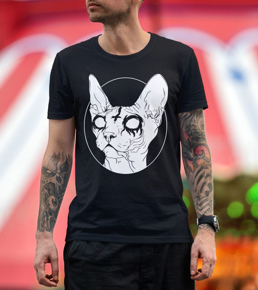Sphynx Cat Goth and Death with Dark Eyes and Black Cross T-Shirt