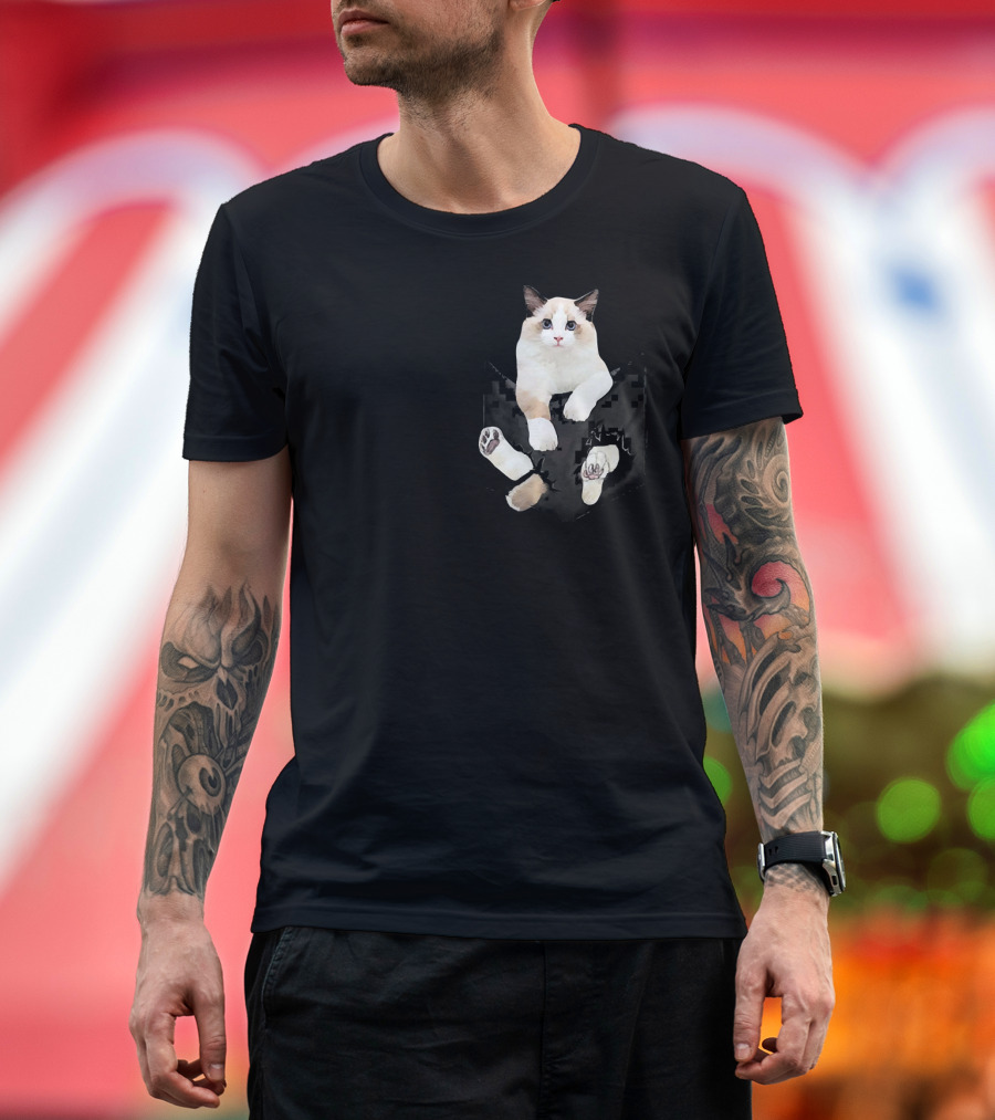 Funny Ragdoll Cat Peeking Out of Pocket T-Shirt
