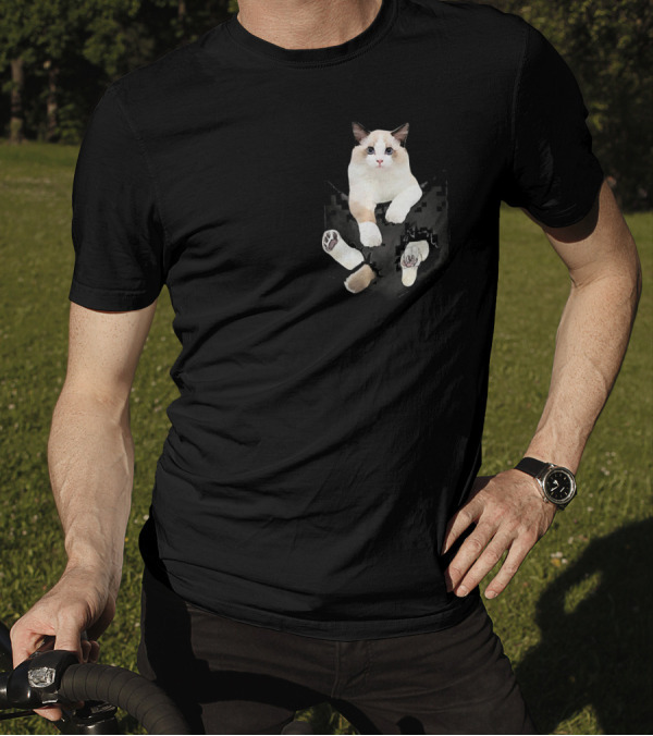 Funny Ragdoll Cat Peeking Out Of Pocket T-Shirt