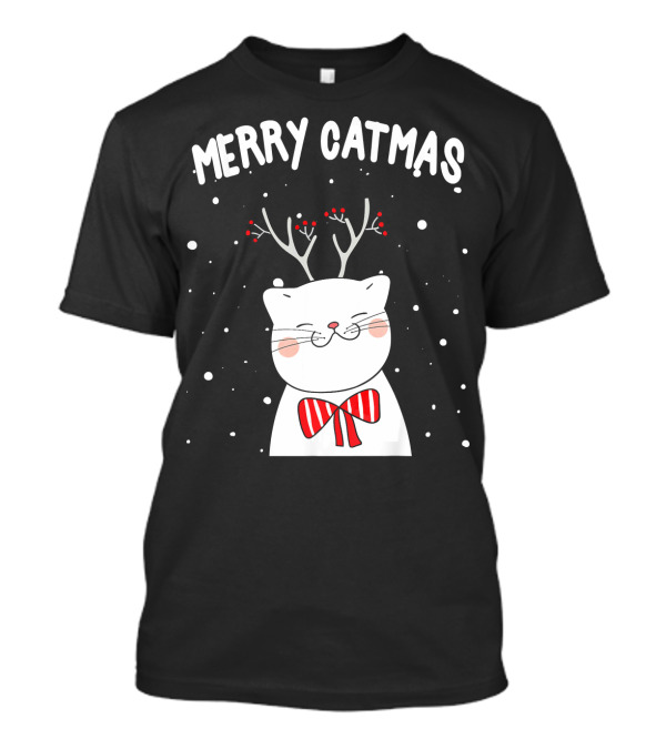 Merry Catmas Funny Christmas Cat Meowy With Antlers And Bow T-Shirt