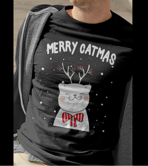 Merry Catmas Funny Christmas Cat Meowy With Antlers And Bow T-Shirt