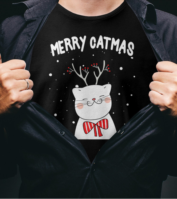 Merry Catmas Funny Christmas Cat Meowy With Antlers And Bow T-Shirt