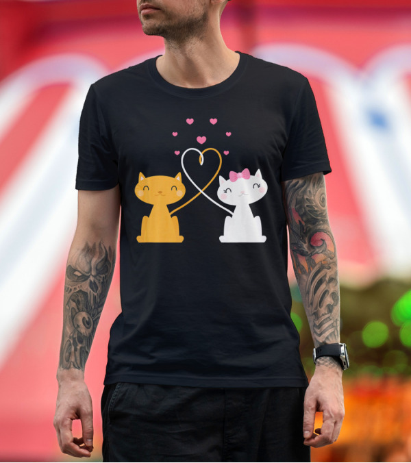 Premium T-Shirt: Valentines Day Cat Kitten Couple Heart Whiskers Bow Pink Hearts T-Shirt Valentines Day Cat Kitten Couple Heart Whiskers Bow Pink Hearts T-Shirt