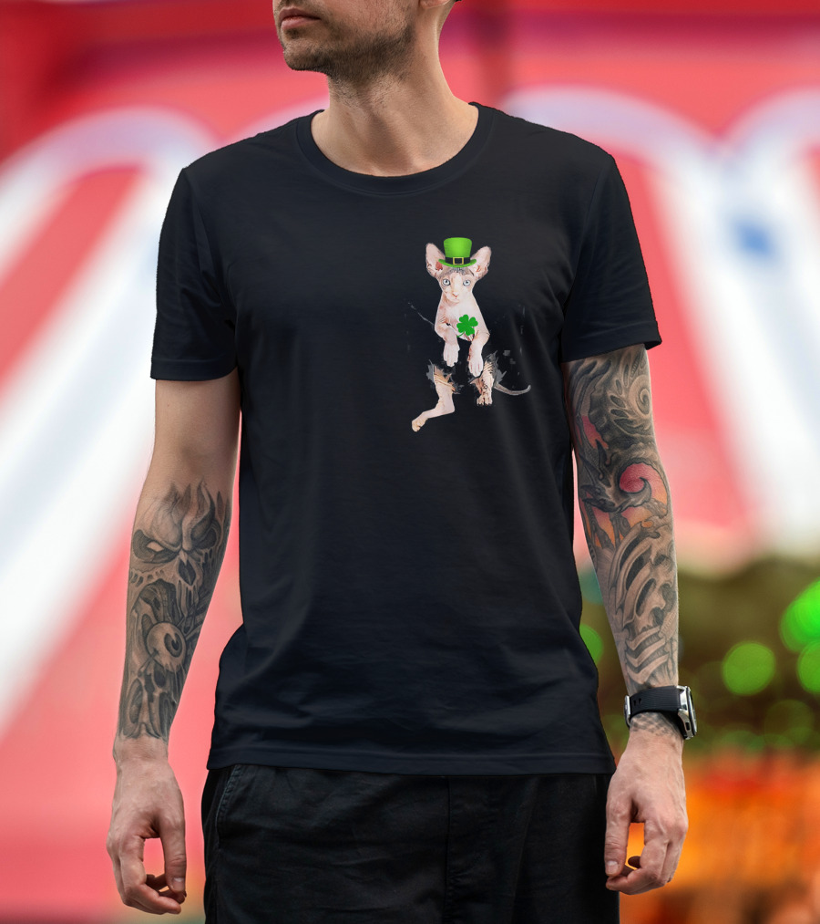 St Patricks Day White Sphynx Cat with Green Hat and Shamrock T-Shirt