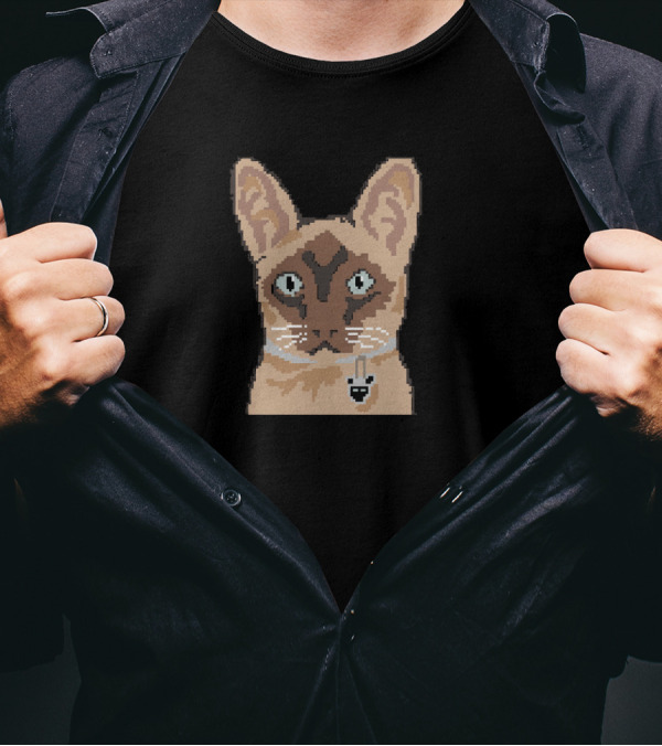 Pixelated 8 Bit Cat Funny Siamese With Skull Necklace T-Shirt