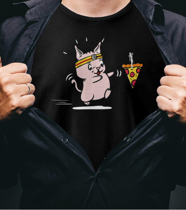 Sphynx Cat Chasing Pizza Slice Enthusiastically Running T-Shirt