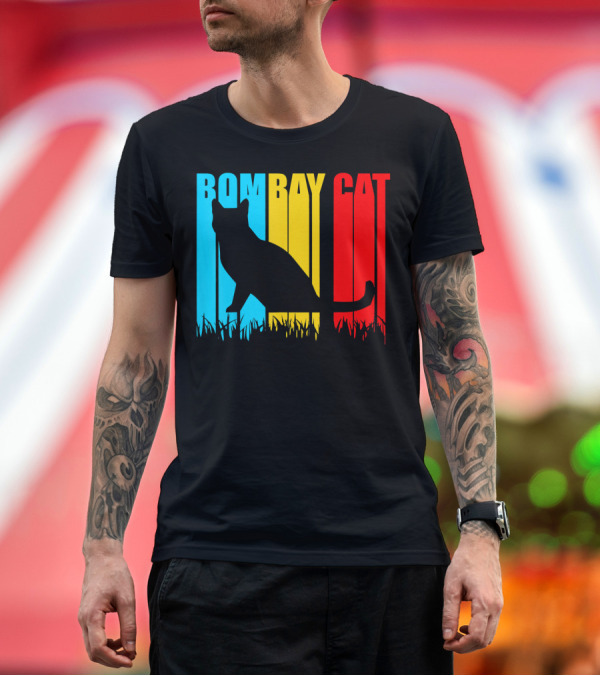 Premium T-Shirt: Bombay Cat Silhouette on Colorful Background for Pets Lovers T-Shirt Bombay Cat Silhouette on Colorful Background for Pets Lovers T-Shirt