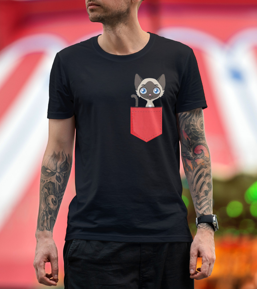 Cute Pocket Siamese Cat Black Red T-Shirt