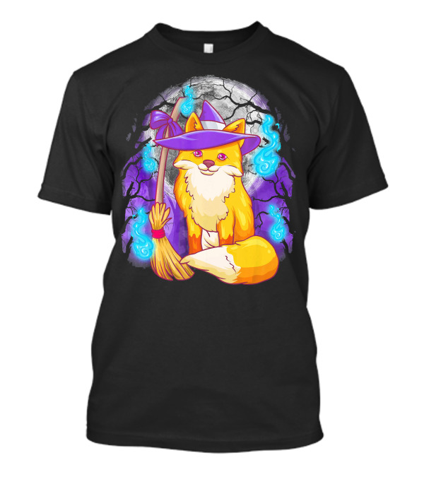 Cute Fox Witch With Broomstick And Moon Halloween Scene T-Shirt