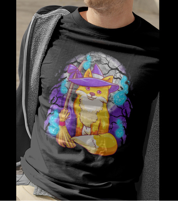 Cute Fox Witch With Broomstick And Moon Halloween Scene T-Shirt