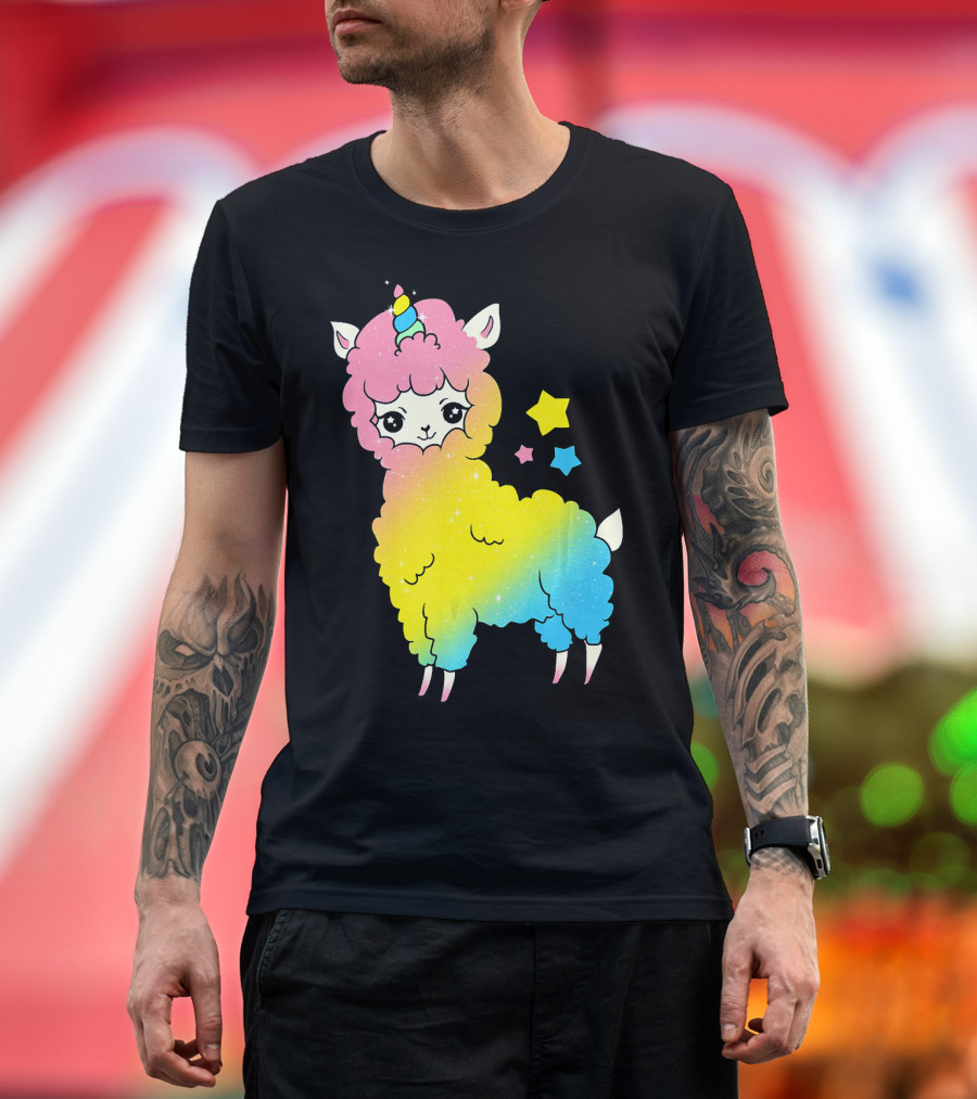 Cute Magical Llama Unicorn Rainbow Stars T-Shirt