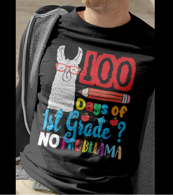 100 Days Of 1st Grade No Probllama Pencil Apples Llama T-Shirt
