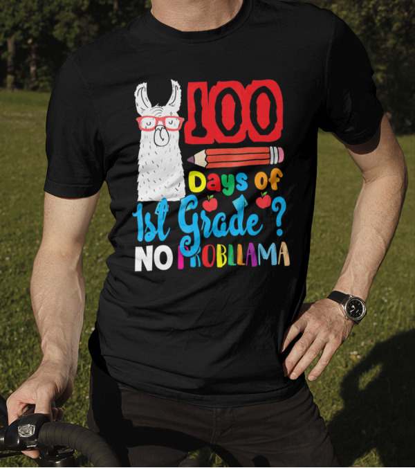 100 Days Of 1st Grade No Probllama Pencil Apples Llama T-Shirt