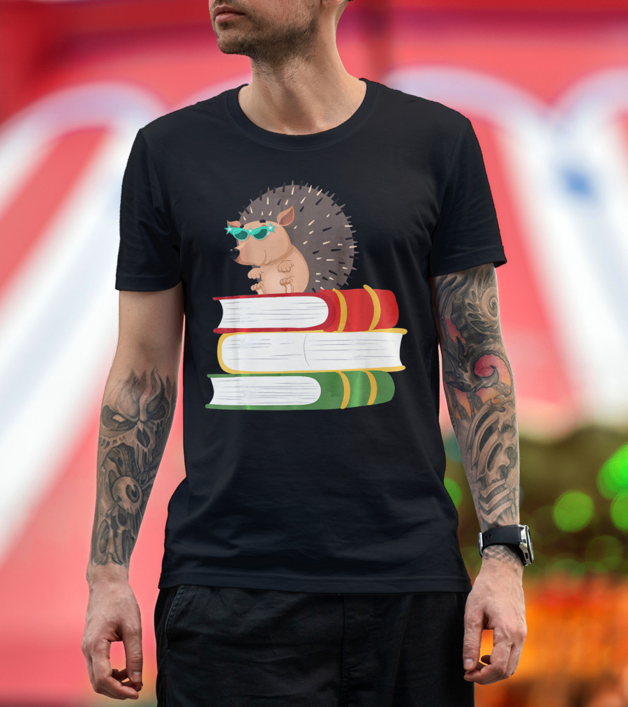 Cute Hedgehog Wearing Sunglasses on Stack of Colorful Books T-Shirt