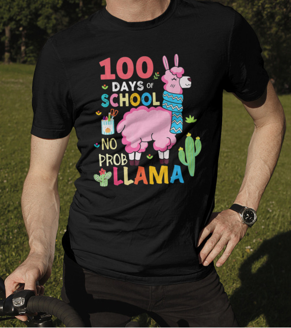 100 Days Of School No Probllama With Pink Llama And Cactus T-Shirt