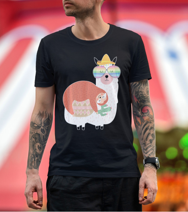 Premium T-Shirt: Cute Llama (Alpaca) And Sloth Best Friends Rainbow Glasses Hat T-Shirt Cute Llama (Alpaca) And Sloth Best Friends Rainbow Glasses Hat T-Shirt