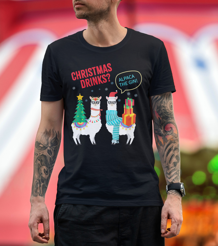 Christmas Drinks Alpaca The Gin Fun with Santa and Gift Llamas T-Shirt