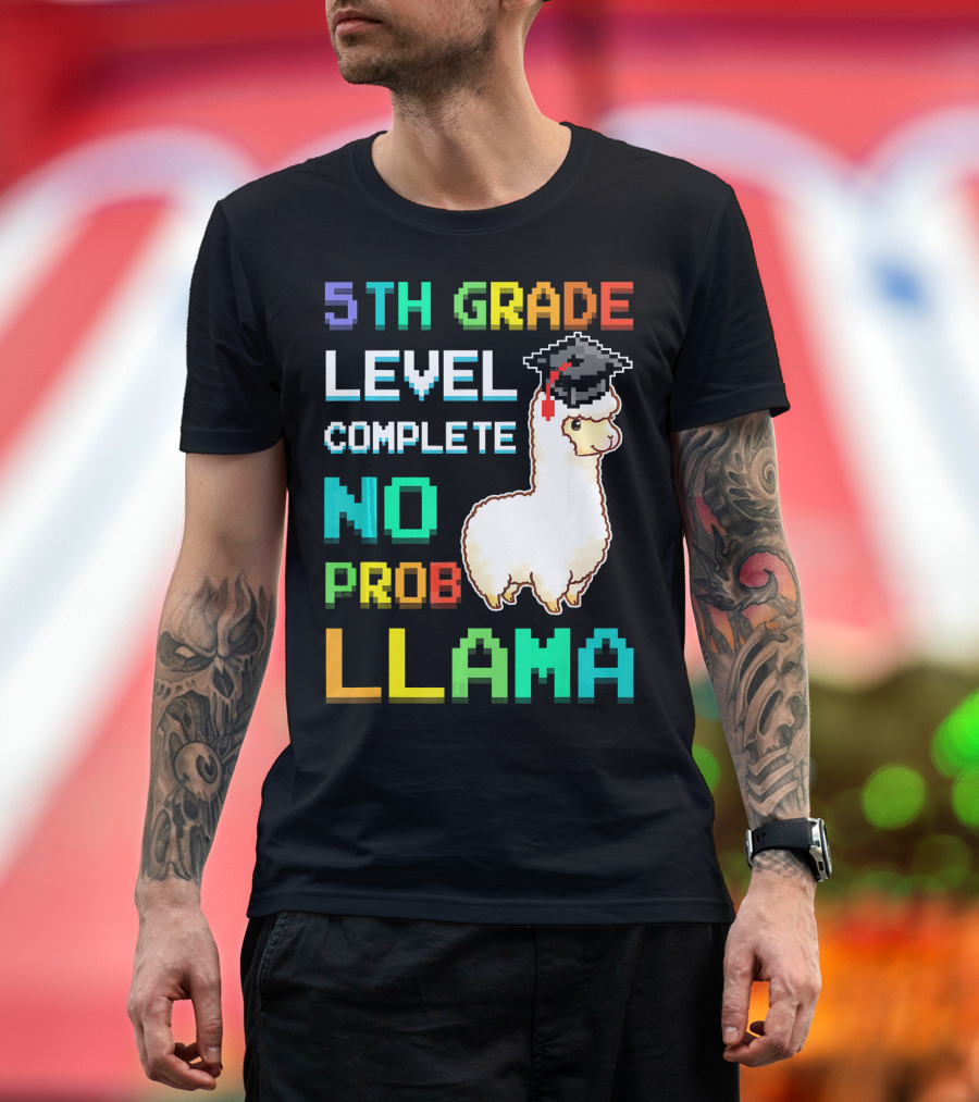 5Th Grade Level Complete No Prob Llama Pixel Art Graduation T-Shirt