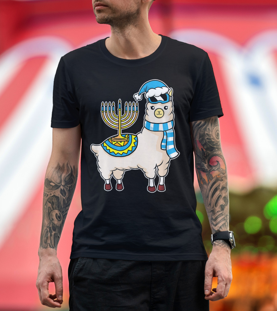 Cute Chanukah Alpaca Happy Hanukkah Llama Menorah Scarf Hat T-Shirt
