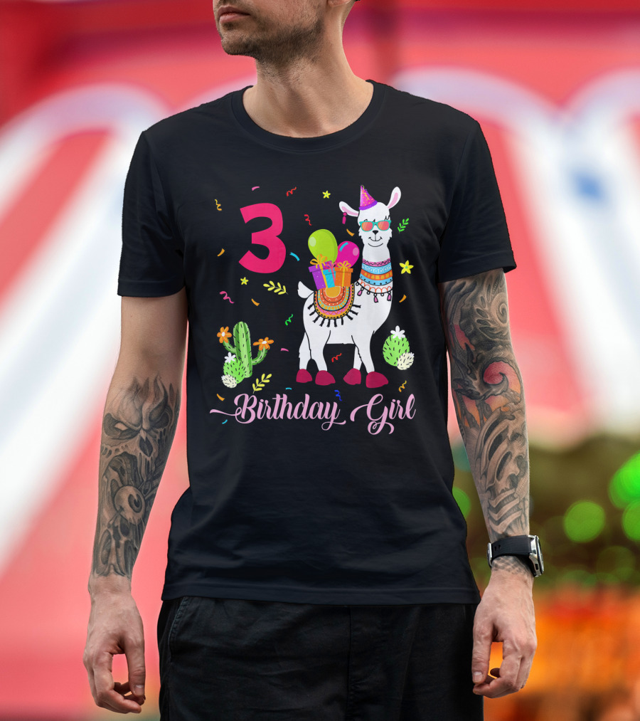 3rd Birthday Girl Cute Alpaca Llama with Cactus and Gifts T-Shirt