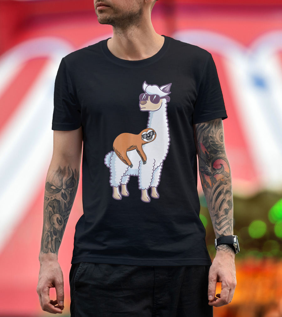 Cool Llama Wearing Sunglasses with Lazy Sloth Riding T-Shirt